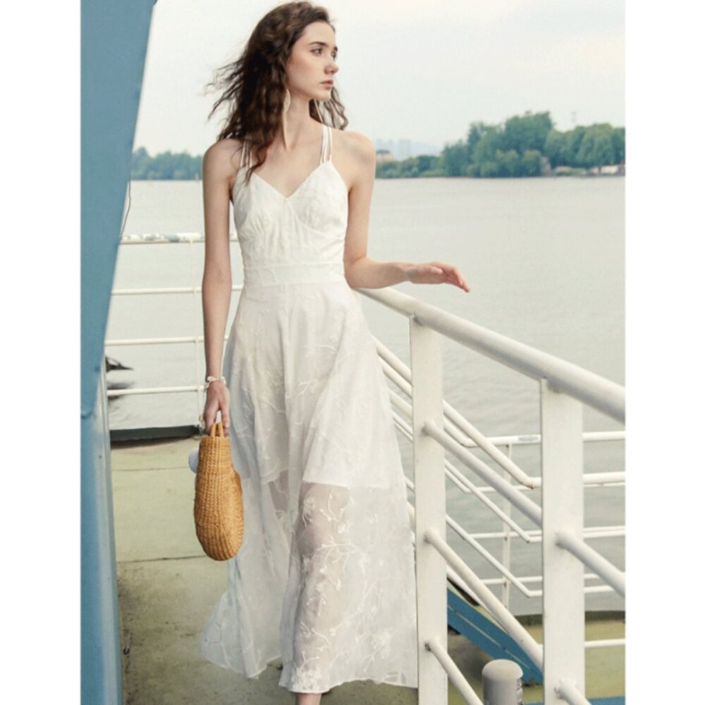 DUNDROP Backless White Beach Sleeveless Dress Size S